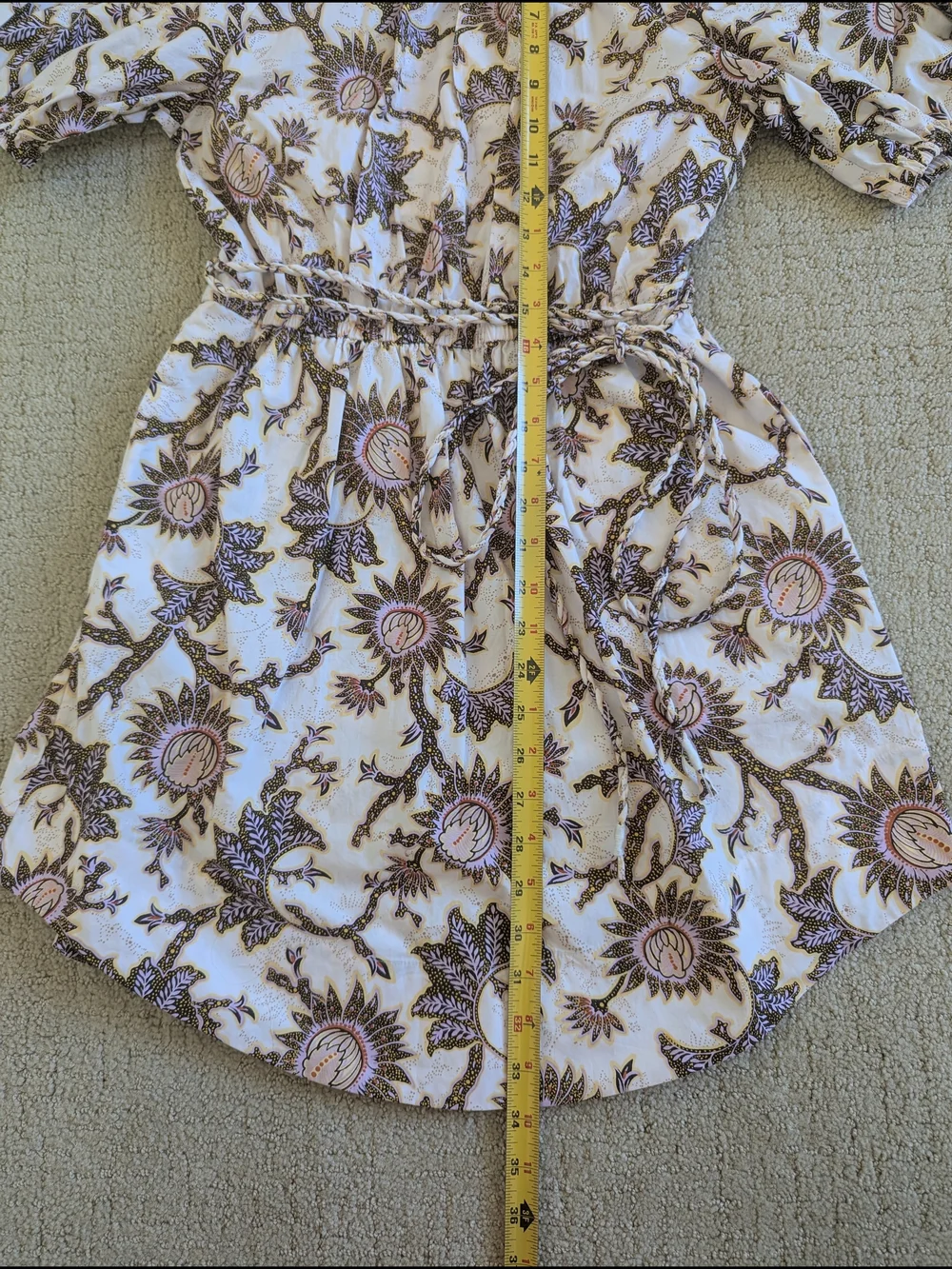 ALC Floral Mini Dress 6 Puff Sleeve Sunflower Waist Tie Cotton Poplin Boho - Picture 7 of 8
